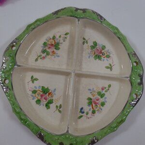 Vintage Hand Painted Divided Plate Green Floral Japan